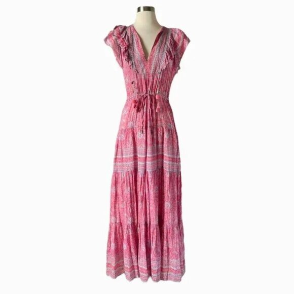 Alica Bell Lola Dress S Pink Floral Boho Maxi Ruffle Tiered Cotton Silk - Picture 6 of 6